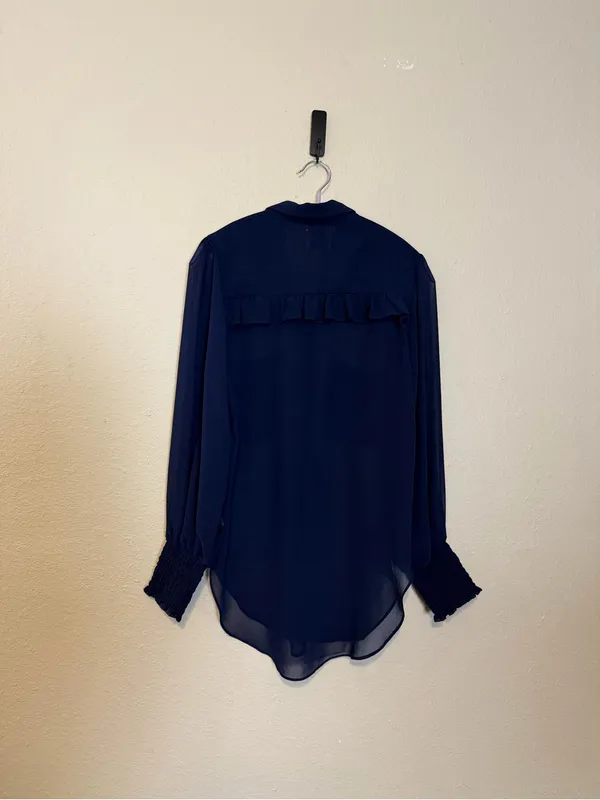 Misa Los‎ Angeles Navy Blue Sheer Ruffle Blouse Size Small - Image 5