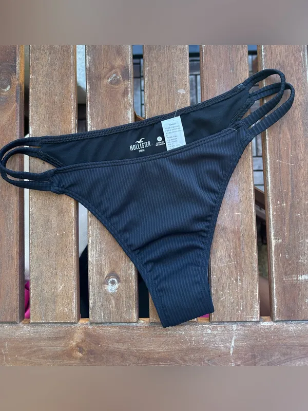 NWT Hollister Ribbed Double-Strap Cheeky Bikini Bottom - Black - S - Image 6