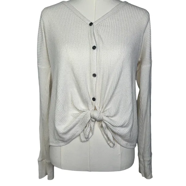 Abercrombie & Fitch Soft AF Cozy Cream Ribbed Knit Tie Front V-Neck Sweater Sz S - Image 2