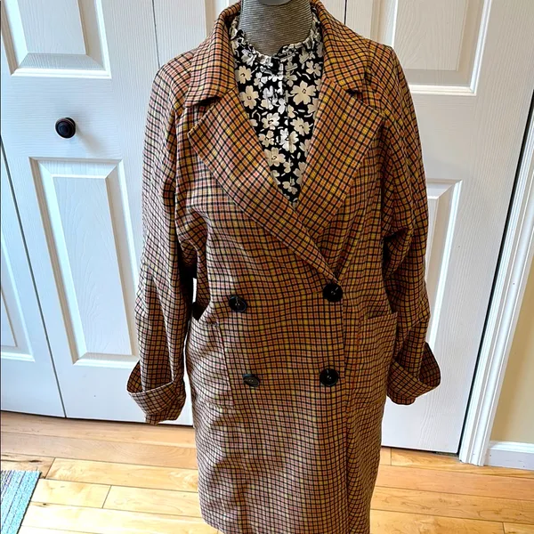 Anthropologie Lost + Wander orange & yellow plaid trench coat - Image 2