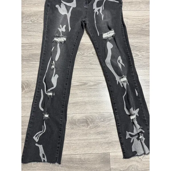 SheIn Womens Distressed Jeans Size L Graphic Print Black 28x29 High‎ Rise Straight Leg - Image 8