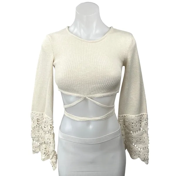 Zara Women's Cream Ecru Crochet Knit Boho Long Sleeve Cut Out Crop Top Size S - Image 3