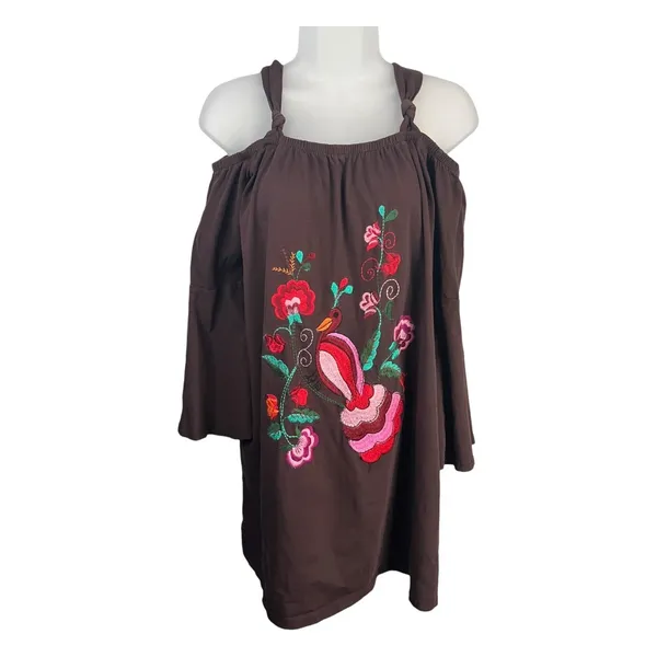 VaVa by Joy Han Brown Embroidered Bird Floral Cold Shoulder Top - Sz L - Image 2