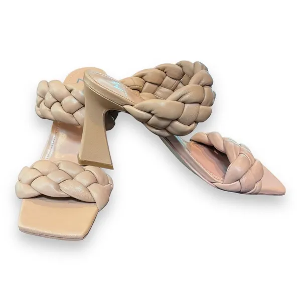 Marc Fisher Womens Hammy Heeled Sandal 8.5M Leather Chunky‎ Woven Straps Beige - Image 6