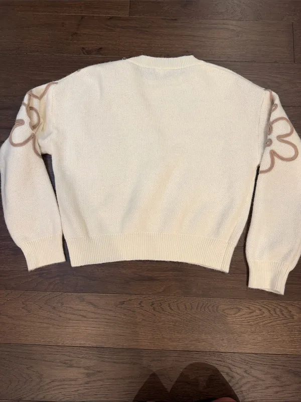 debut Cream Crewneck Sweater with Taupe Floral Outline Size Small - P99 - Image 7