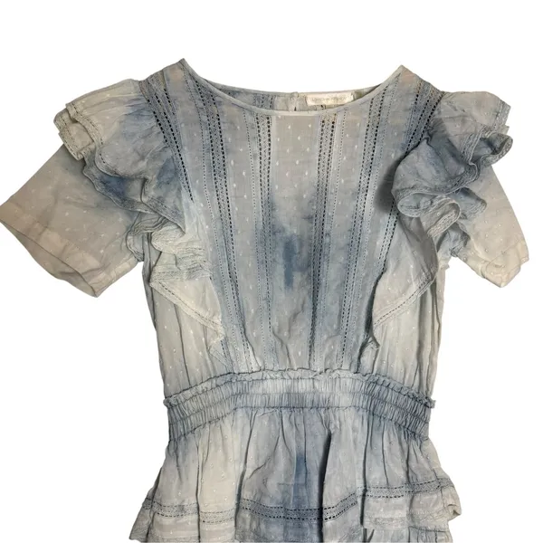 LoveShackFancy Natasha Light Blue Tie Dye Cotton Ruffled Tiered Lace Mini Dress - Image 5
