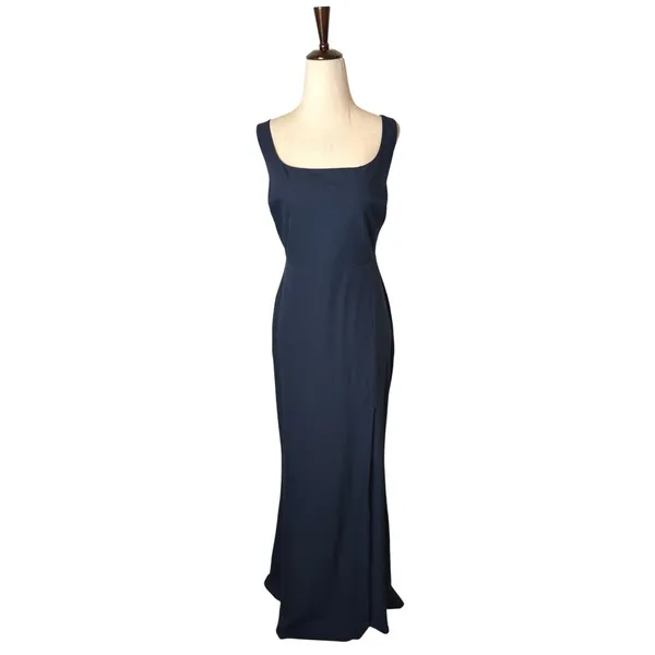 BHLDN Ashlynn Gown Women 12‎ Midnight Blue Square Neck Side Slit Crepe Formal - Image 2