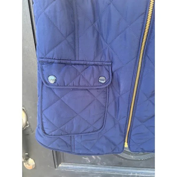 Crown & Ivy Navy Blue Quilted Puffer‎ Vest Gingham Lining Gold Zip Womens Large - Image 2