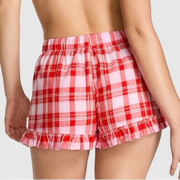 PINK VICTORIA’S SECRET Flannel Pajama Shorts Red Pink Silver Plaid Ruffle L - Image 6