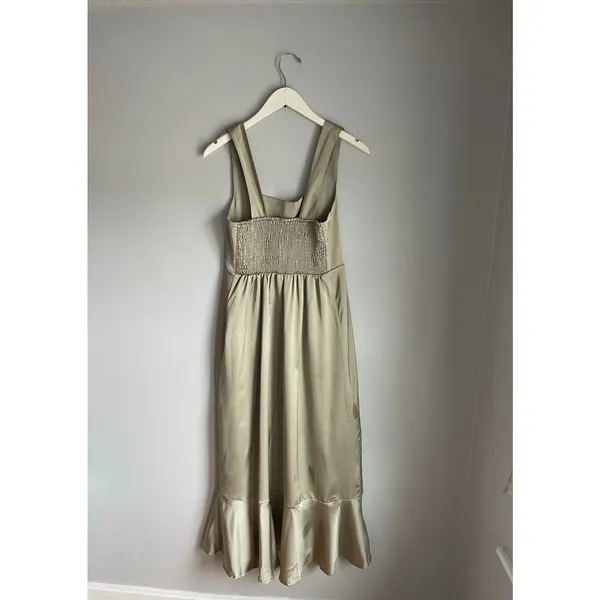 Show me Your Mumu Claire Midi Bridemaids Dress Moss Green Luxe Satin Waist Tie M - Image 3