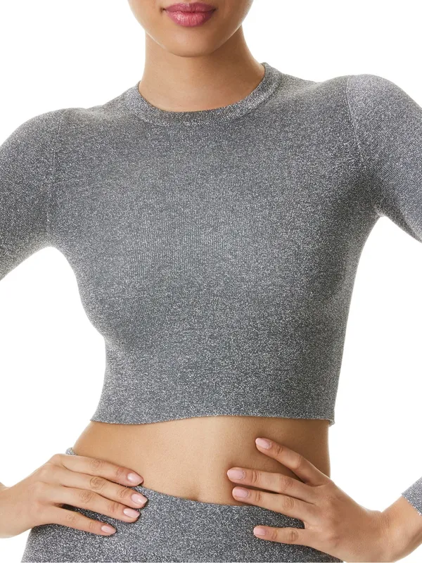 Alice + Olivia Ciara Silver Metallic Cropped Sweater Top Size Small Glam Y2K - Image 2