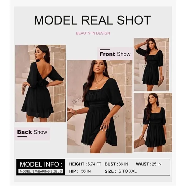 NEW Square Neck Tie Back Lantern Sleeve Ruffle A-Line Dress XL - Image 6