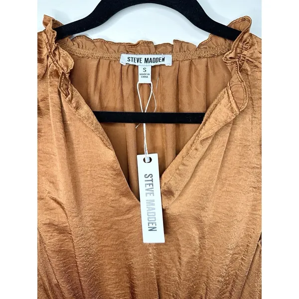 NWT Steve Madden Prairie Dreams Mini‎ Dress Apricot Satin Ruffle Smocked Small S - Image 12