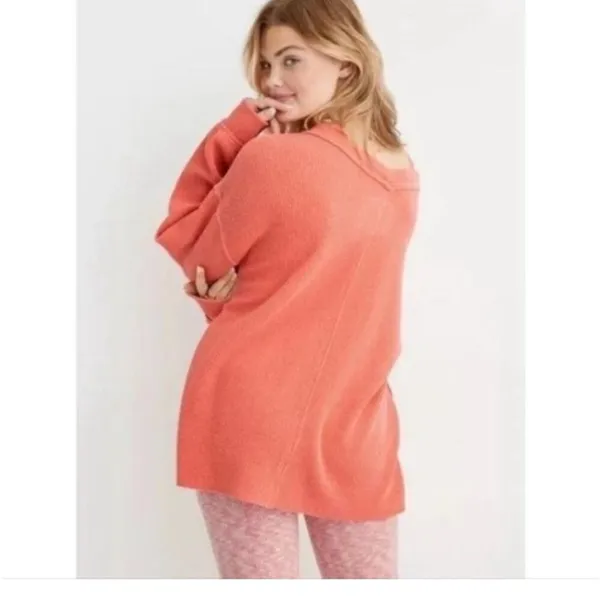 Aerie Wonder Textured V Neck Oversized Sweatshirt Saturn Peach Top Coral Orange - Image 3