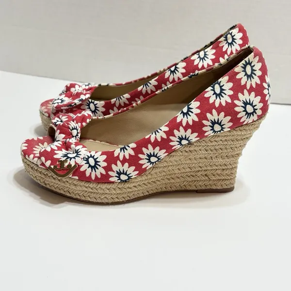 Tory Burch Dory Red Floral Canvas Peep Toe Wedge Espadrilles Size 7.5 Beachy - Image 5