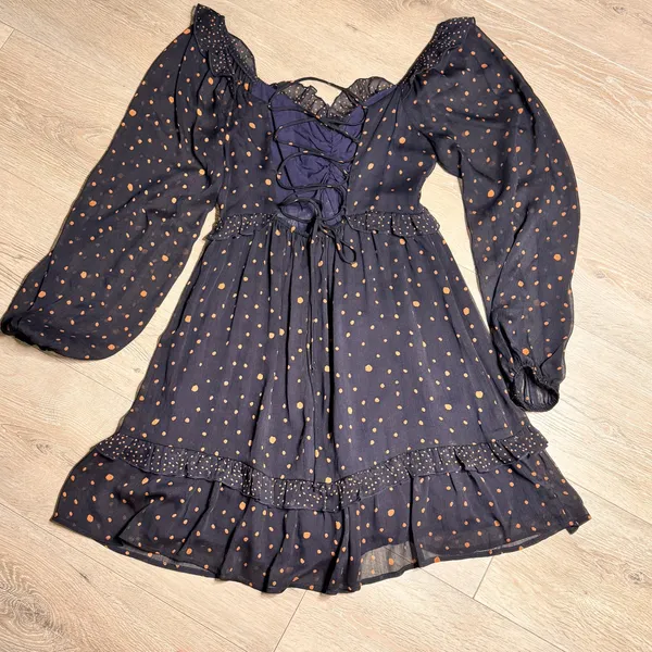 LUMIERE Navy Blue Polka Dot Lace Up Ruffle Mini Dress Womens‎ Small S - Image 4