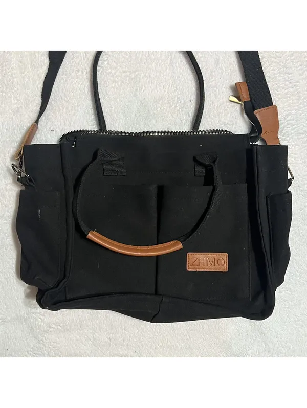 ZHMO Black Canvas Tote Bag with Brown Trim and Crossbody Strap - Image 2