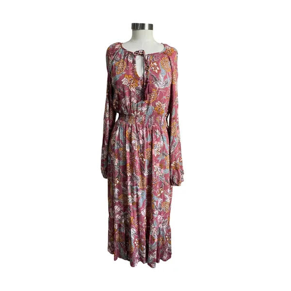 Knox Rose Boho Floral Smocked Maxi Dress‎ Pink Long Sleeve Peasant Size M - Image 2