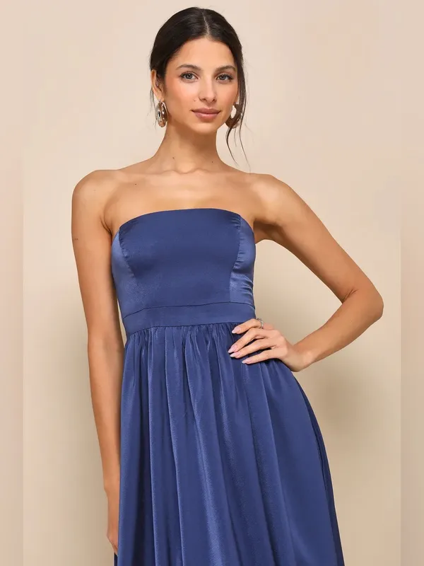 Lulus Lavish Elegance Navy Blue Satin Strapless Bubble-Hem Midi Dress, Size XS - Image 3
