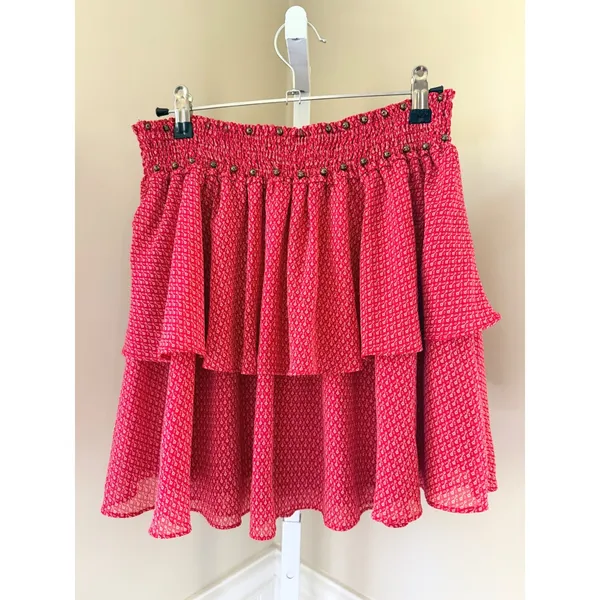Maison Scotch Tiered Ruffle Mini Skirt Smocked Red Print Size 2 - Image 3