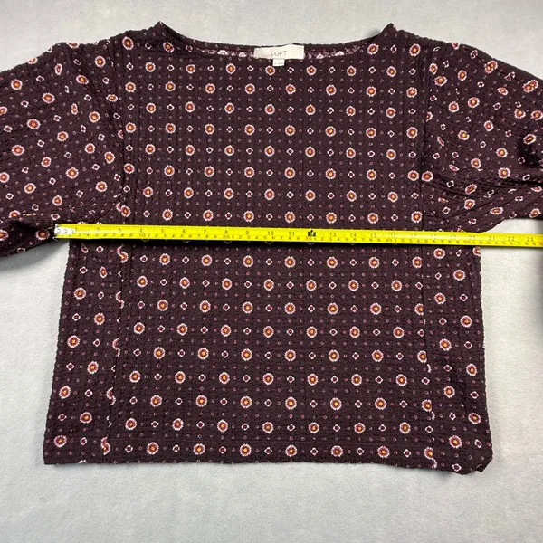 Loft Women Burgundy Floral Medallion Puff Sleeve Textured Blouse Size L - Image 7