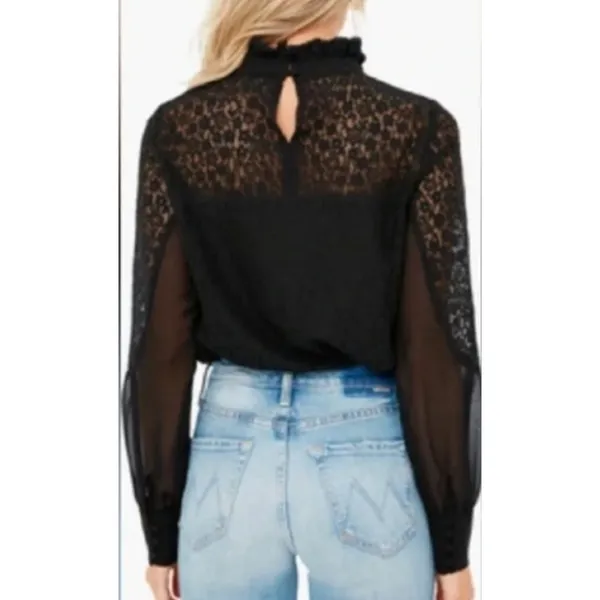 Tuckernuck Lace High Neck Sheer Balloon Sleeve Blouse Sheer Black Size Small - Image 3