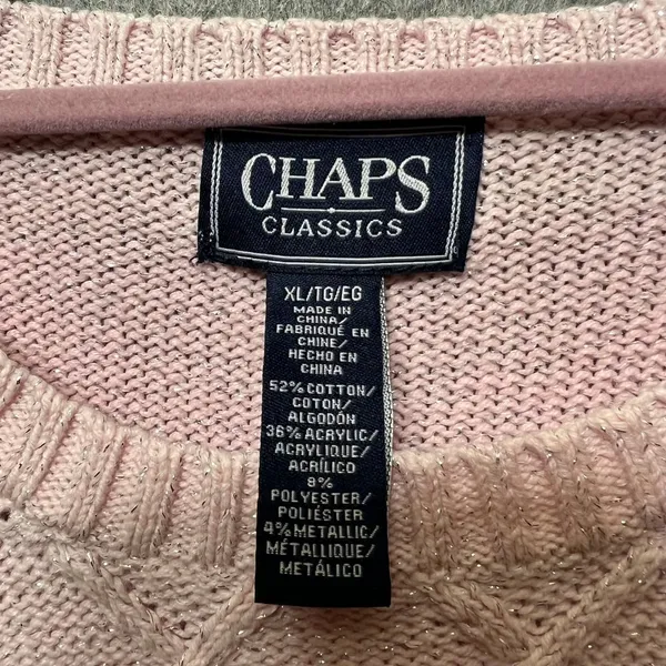 Vintage‎ Chaps Classics Sweater XL Pink Y2K Metallic Cable Knit Cozy Pullover - Image 2