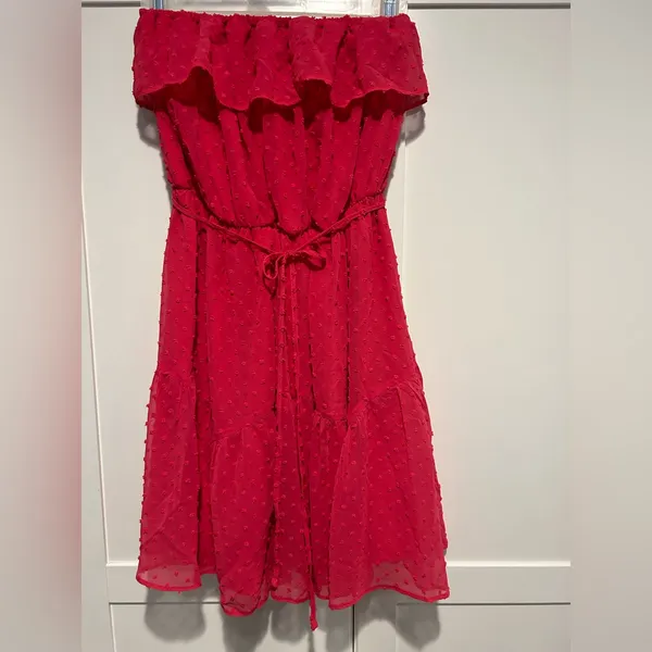 NWOT ASOS DESIGN Ruffle Bandeau Mini Skate Dress With Belt In Textured Hot Pink - Image 4