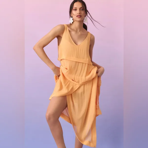 Anthropologie Tiered Sheer Overlay‎ Dress Orange Ruffle Shift Sleeveless Size XS - Image 4
