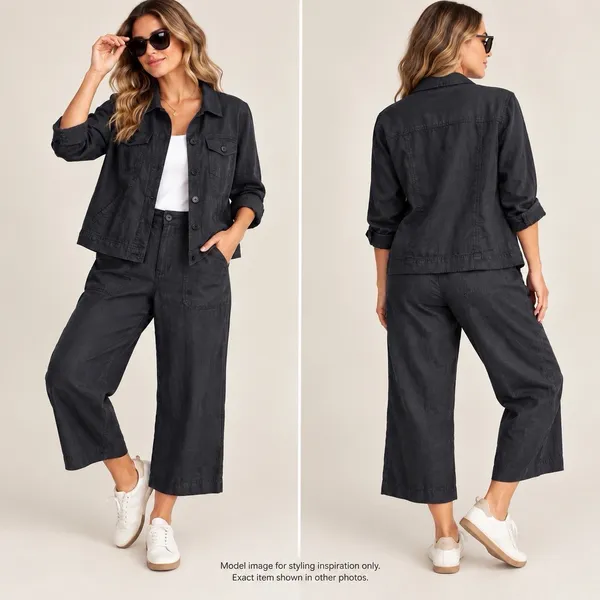 Linden Hill Womens XL 16 Black 100% Linen Jacket Pants 2 Piece Matching Set - Image 2