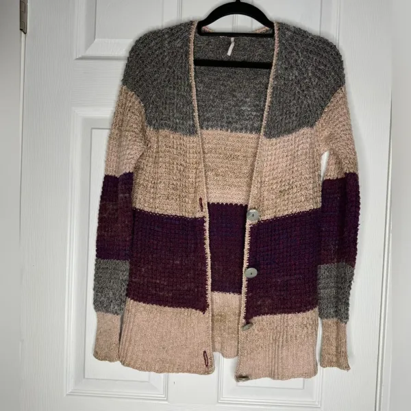FREE PEOPLE Lake Tahoe Color block‎ Cardigan Sweater Grandma Core Size S - Image 2