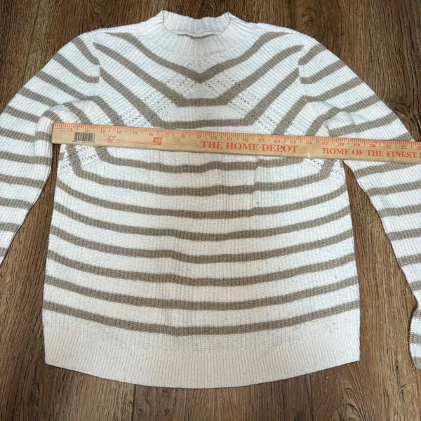 LOFT Mock Neck Striped Sweater Size Medium Flare Long Sleeve‎ White Brown Wool - Image 5