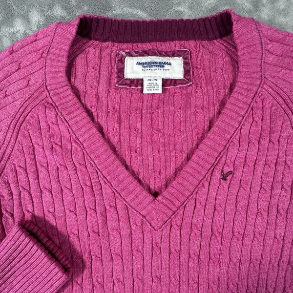 Y2K American Eagle V Neck Fitted Cable Knit Pink Sweater Bella Womens Medium - Image 3