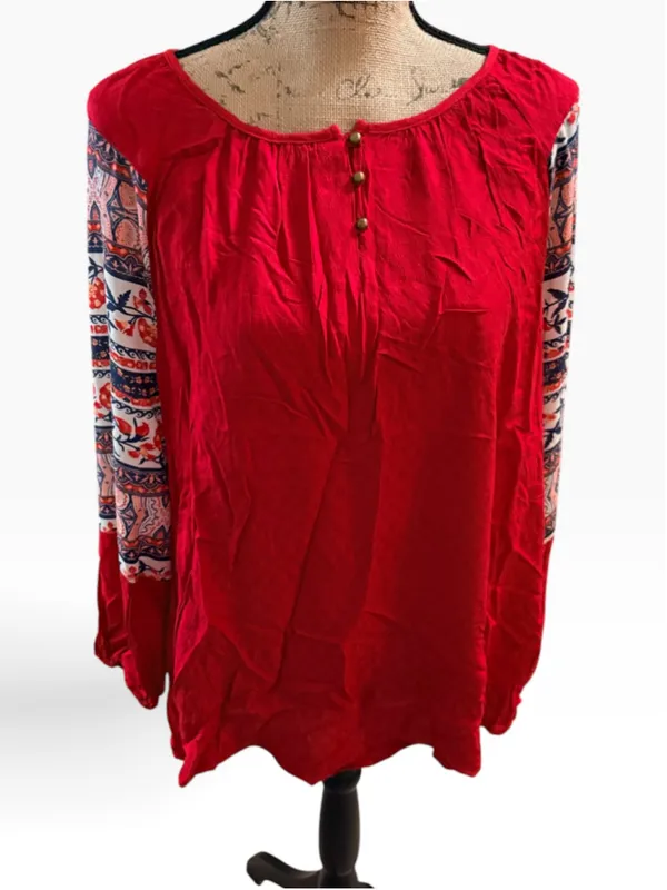 Style & Co Medley Muse Red Textured Long Sleeve Blouse Size L (22” PTP) NWT - Image 2