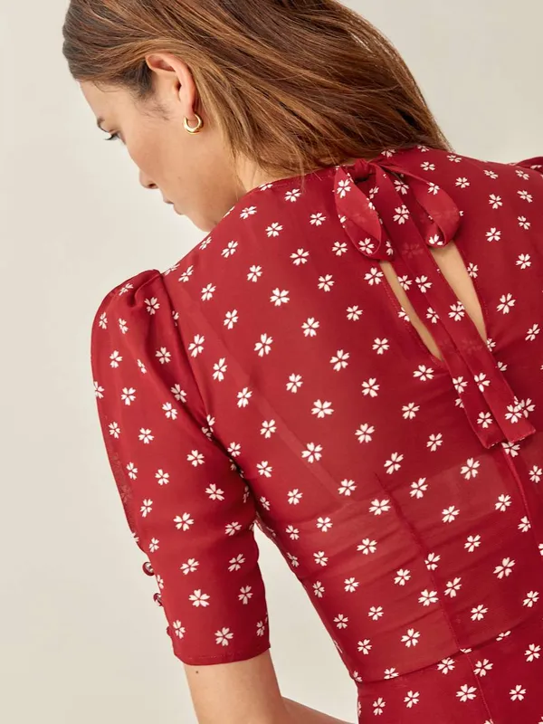 Reformation Bard Dress Mini Red White Floral Size 2 - Image 4