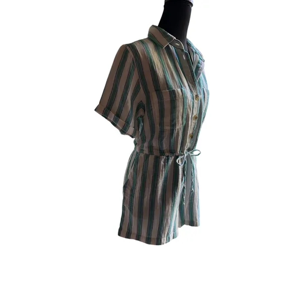 Old Navy XS Petite Coastal Stripe Cotton Romper Blue Green Drawstring Pockets - Image 3