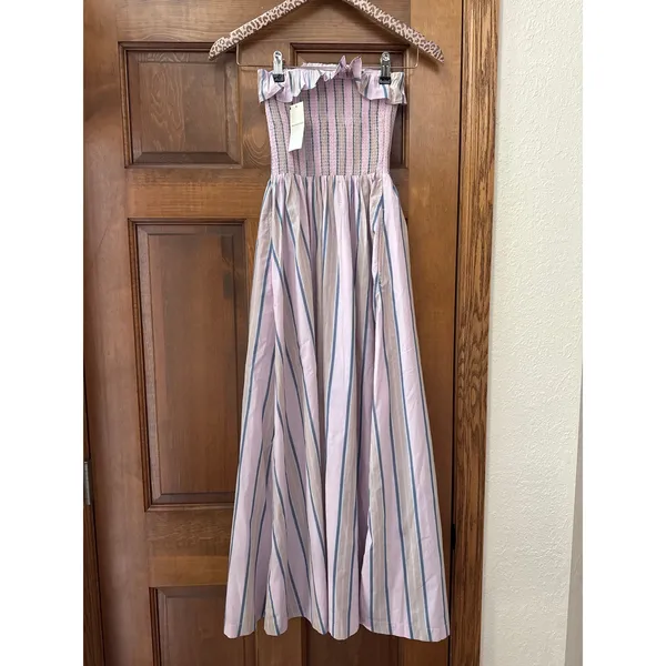 ABERCROMBIE & FITCH Sydney Smocked Strapless Midi Dress Purple Stripe Size XXS - Image 6