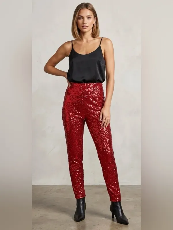 NWT Tipsy Elves High Waisted Red Sequin Pants Fully Lined Christmas - Image 10
