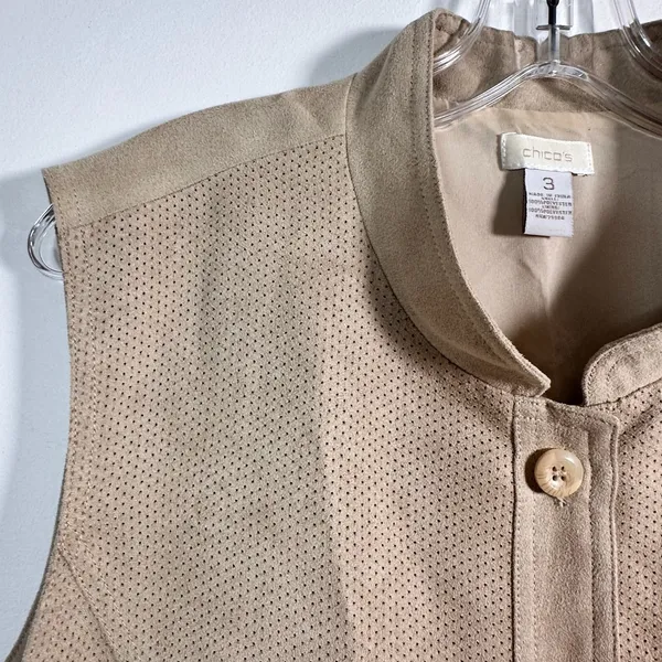 Chicos Tan‎ Faux Suede Perforated Button Front Utility Vest Mock Neck Size 3 XL - Image 5