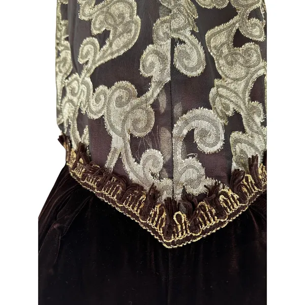 Brown and Gold Velvet and Lace Vintage Maxi Dress Med/Large - Image 7