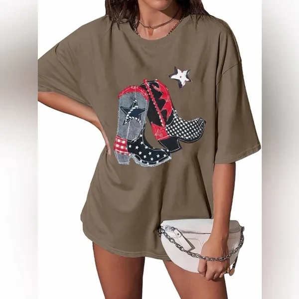 NEW Cotton Blend Brown Western Cowgirl Oversized Country Rodeo Boots Tshirt M - Image 2