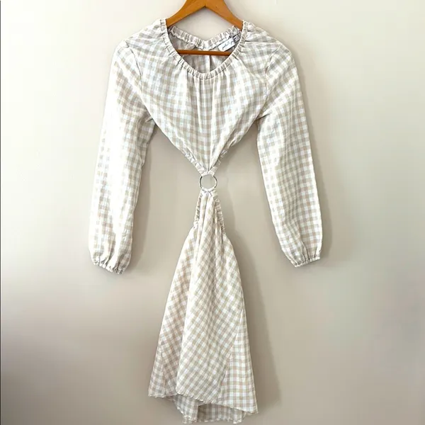 Petal & Pup‎ Beige Cut Out Gingham Dress 100% Cotton Mini Puff Sleeves Size 4 - Image 2
