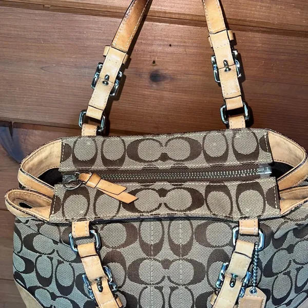 Coach Hampton Signature Monogram Brown Tan Leather Trim Tassel Handbag Purse - Image 5