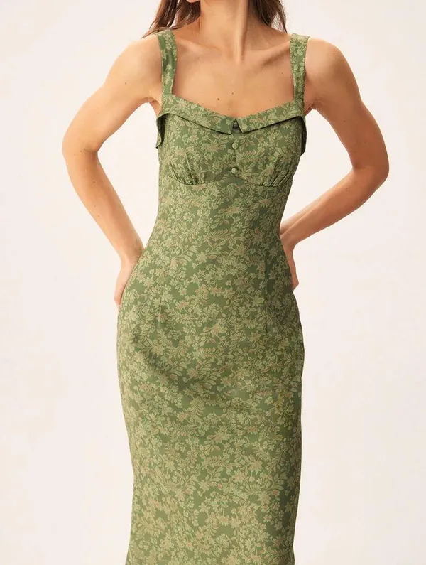 Rihoas Green Floral Square Neck Slip Midi Dress - Image 8