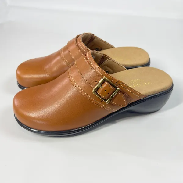 Vionic Orthotic Leather Clog Mules‎ Women's 7 EU 38 Tan Cognac Adjustable Buckle - Image 2