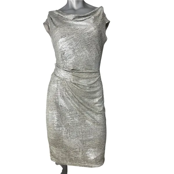 Vince Camuto Women's Silver Metallic Ruched Mini Dress 6 Sheath Cowl Neck - Image 13