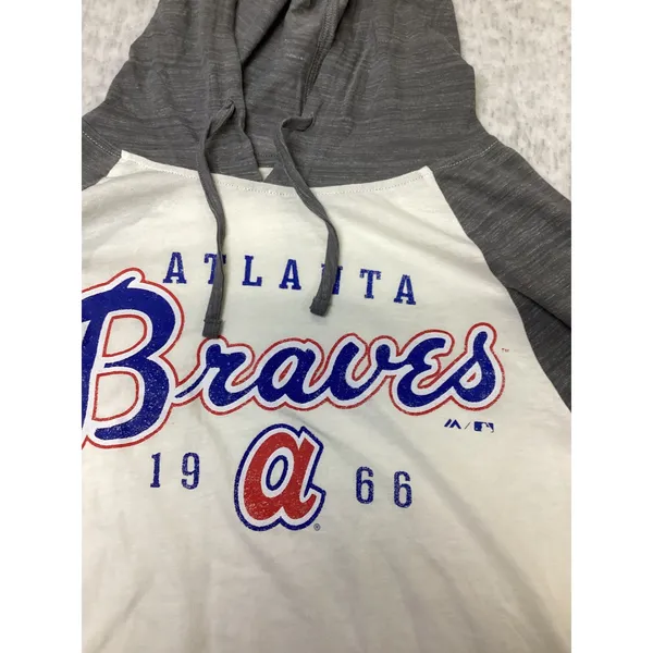 Majestic Atlanta Braves Hoodie Womens Medium Gray White Raglan‎ MLB Shirt… - Image 2