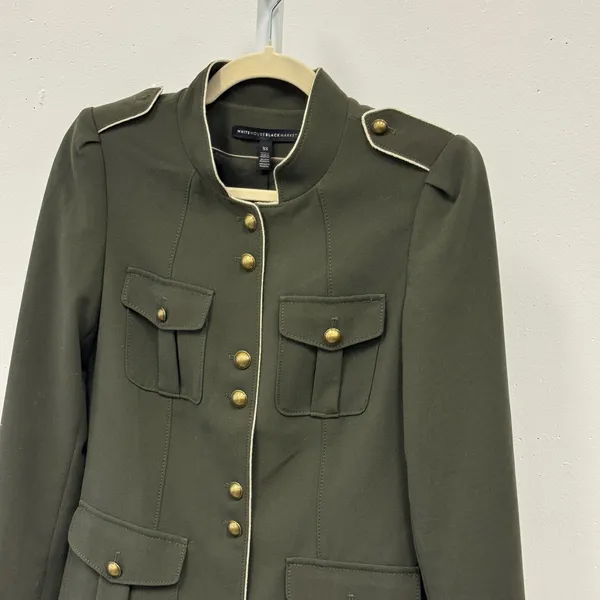 White House Black Market Olive Green Longline Military‎ Jacket Gold Buttons XS - Image 3