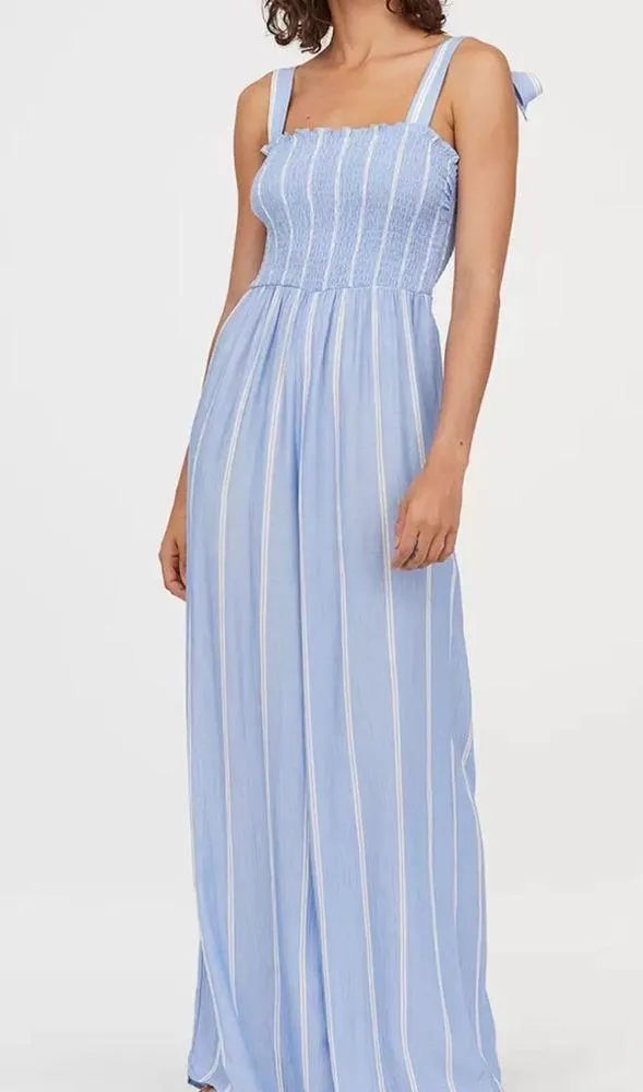 H&M Women Blue and White Striped Jumpsuit with smocking size 4 - Image 2
