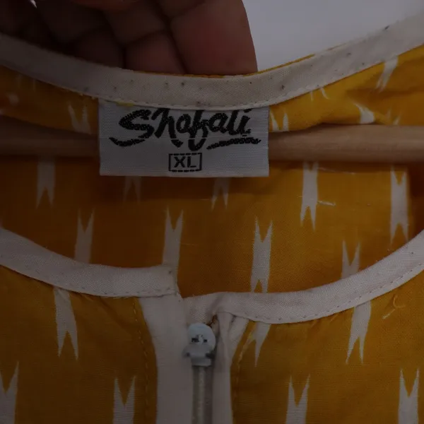 Shafali Mustard Yellow Ikat Print Maxi Dress XL Short Sleeve Zipper Front Kaftan - Image 3